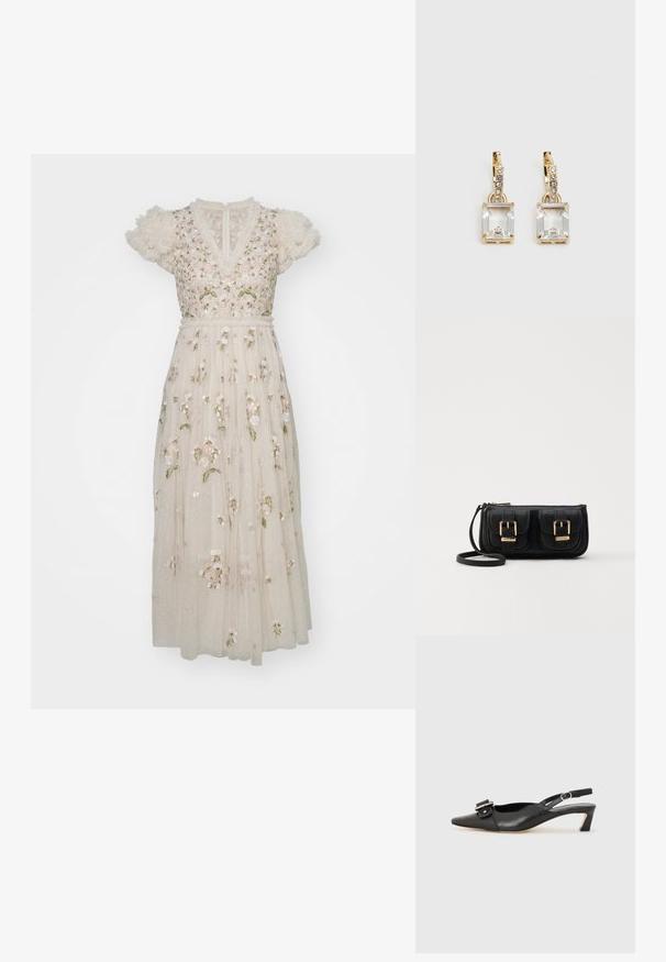 Needle & Thread POSY V NECK BALLERINA DRESS - Kokteiļkleita/ballīšu kleita - cream; Melnas ādas siksnu kurpes ar smailu pirkstu, nelielu papēdi un dekoratīvu sprādzi augšdaļā. Gluda tekstūra, minimālistisks dizains.; Melnas ādas crossbody soma ar divām priekšējām kabatām, zelta sprādzēm, ar rāvējslēdzēju aizdari un šauru siksnu. Strukturēta virsma un kompakta taisnstūra forma.; Zeltītas auskaru rotas, kuru centrā ir taisnstūra formas caurspīdīgs kristāls, kas karājas zem mazu, apaļu caurspīdīgu akcentu rindas. Elegants, mūsdienīgs dizains.