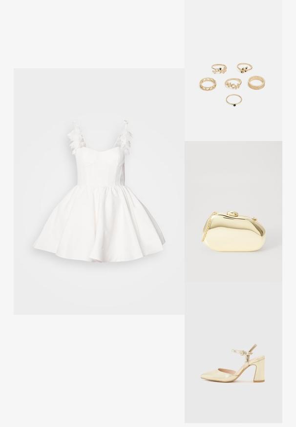 Fehér ruha, illeszkedő felsőrésszel és bővülő szoknyával. Tollakkal díszített vállpántokkal rendelkezik, sima, texturált anyagból készült.; Arany fémes magas sarkú cipő hegyes orral, bokapánttal, amelyen köralakú csat található, és tömzsi sarokkal rendelkezik. Simás textúra.; Fémes arany színű kistáska sima, lekerekített formával, tetején gombos záródással és kis láncfogóval a hordozáshoz.; Hat gyűrűből álló készlet arany színben, különböző mintákkal: fonott, levélmotívumokkal és sima karikák; néhány zöld drágakő díszítéssel.