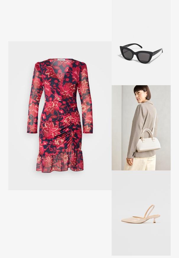 Virágmintás, hosszú ujjú ruha, sötétkék alapon, élénkpiros és rózsaszín virágokkal, ráncolt derékkal és fodros szegéllyel.; Bézs színű lakkbőr slingback magassarkú cipők hegyes orral és vékony, négyzetes sarkú dizájnnal. Simább textúra és minimalista stílus, díszítések nélkül.; Fekete macskaszem napszemüveg matt felülettel, szürke árnyalatú lencsékkel, éles vonalakkal és karcsú oldalsó karokkal. A márkaneve látható a belső karon.; Fehér, strukturált kézitáska rövid füllel és vállpánttal, arany színű fém kiegészítőkkel és texturált anyagból, szürke háttér előtt bemutatva.