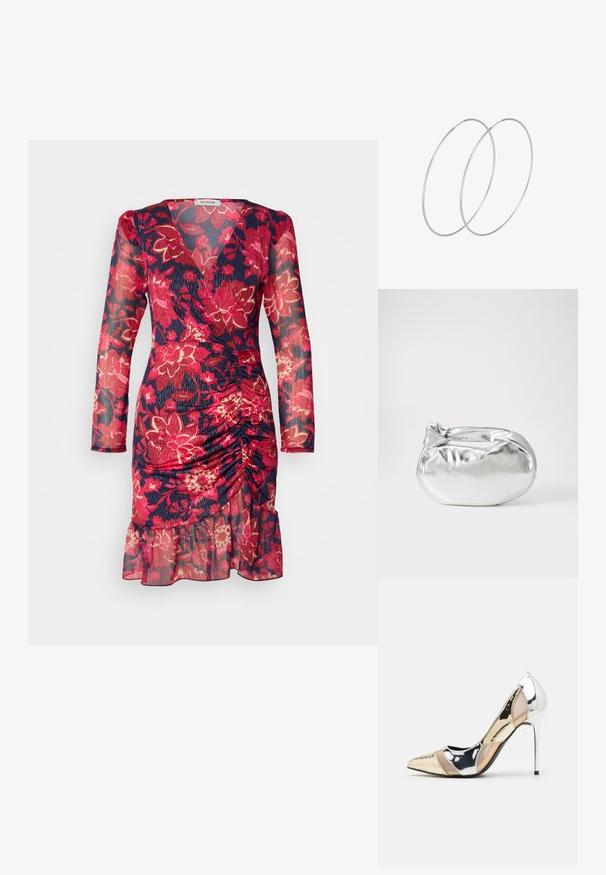 Kukkatrikootunika pitkillä hihoilla, jossa on tummansininen pohja, kirkkaan punaisia ja vaaleanpunaisia kukkakuoseja, rypytetty vyötärö ja röyhelöhelma.; Korkokenkät, joissa on terävä kärki ja hopea, kultainen sekä nude-väriyhdistelmä. Kiiltävä pinta ja leikkausdesign, varustettuna stikettikorkealla.; Hopeapintainen metallinen pussilaukku, jolla on pehmeä, pyöreä muoto ja solmittava yläosa. Valmistettu sileästä tekonahkamateriaalista.; Hopehope hopeilla, joissa on minimalistinen muotoilu. Pyöreä muoto, sileä pinta ja ohut profiili. Kevyet ja kiillotetut.