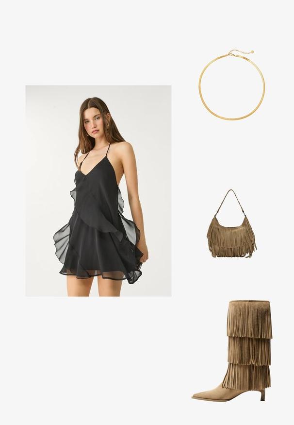 Zwarte chiffon jurk met een diepe V-hals, dunne bandjes en gelaagde ruches langs de zoom, met een zachte, lichte textuur.; Franje enkellaars in tan suède met drie gelaagde franjes. V pointed toe en een lage blokhak. Gladde textuur overal.; Bruine suède handtas met lange franjes, een gebogen vorm en een enkele schouderband. Heeft een gladde, gestructureerde oppervlakte.; Gouden maas choker ketting met een platte, flexibele vormgeving. Heeft een kettinguitbreiding voor aanpasbare lengte. Soepele textuur, minimalistische uitstraling.