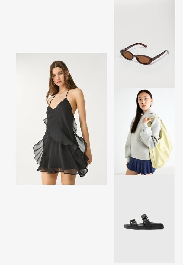 Robe en chiffon noir avec un décolleté en V profond, des fines bretelles et des volants superposés le long de l'ourlet, dotée d'une texture douce et légère.; Tongs noires avec deux sangles ajustables en métal doré, un dessus texturé et une semelle en caoutchouc plate.; Lunettes de soleil rondes teinte brun avec une monture bordeaux brillante. Branches fines avec un détail de marque subtil. Design de verres plats.; Sweat-shirt oversized gris avec une poche kangourou, associé à une jupe évasée marine. Accessoire : grand sac à dos jaune clair, texture lisse.