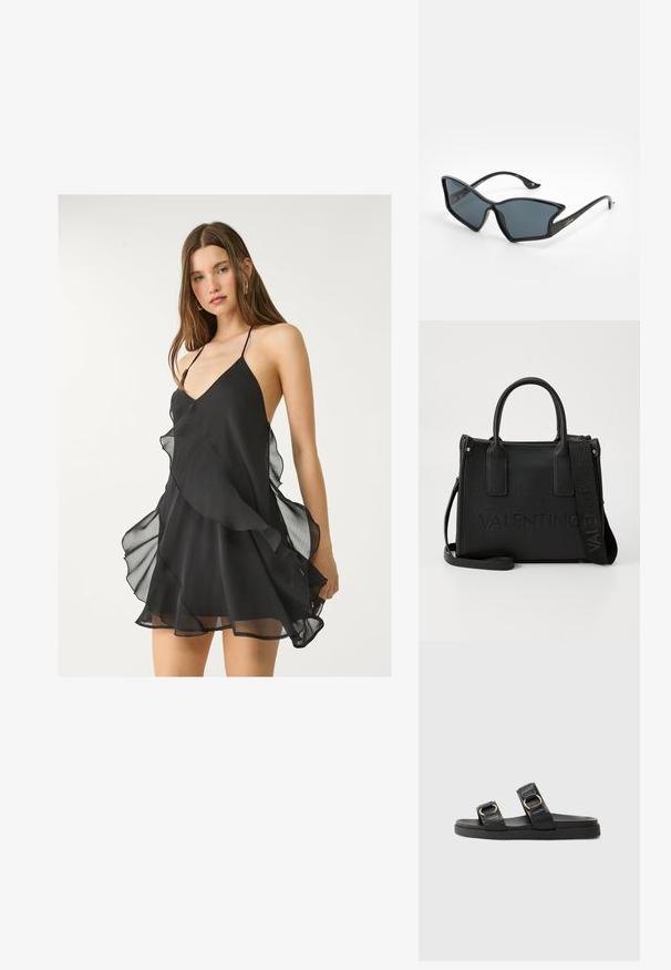 Sort chiffon kjole med dyb V-hals, tynde stropper og lagdelte volanger langs kanten, med en blød og let struktur.; Sorte slidesandaler med to justerbare stropper med guldhardware, en tekstureret overdel og en flad gummisål.; Sorte plastiksolbriller med en geometrisk katteøjeform, grå linser og gyldne detaljer på stængerne. Glat overflade hele vejen rundt om stellet.; Sort struktureret håndtaske med dobbelte topremme, aftagelig skulderrem, prægede brandmærker og hardwaredetaljer i guld.
