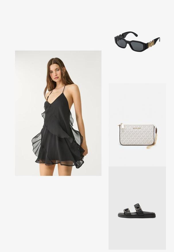 Abito in chiffon nero con una profonda scollatura a V, spalline sottili e volants sovrapposti lungo l'orlo, caratterizzato da una texture morbida e leggera.; Sandali neri con punta aperta, caratterizzati da due cinturini regolabili con dettagli in oro, una parte superiore texture e suola piatta in gomma.; Occhiali da sole neri con una montatura geometrica spessa, lenti scure e accenti in metallo dorato sulle aste che presentano un dettaglio ad emblema rotondo.; Wristlet Michael Kors in tela rivestita beige con motivo a logo MK ripetuto, hardware dorato e tracolla a catena staccabile.