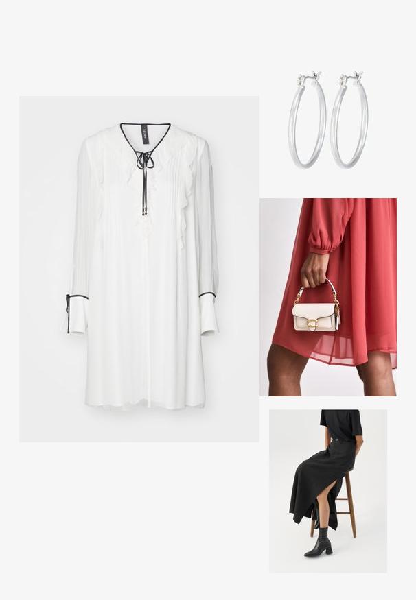 Weißes Bluse mit gerüschter Vorderseite, langen Ärmeln und einer Bindekrawatte am Hals. Verfügt über schwarze Akzente an den Ärmelbündchen und eine sanft plissierte Textur.; Schwarzer Leinen-Maxi-Rock mit hohem Schlitz, getragen mit einem schwarzen T-Shirt und schwarzen Knöchelstiefeln. Minimalistisches Design mit lockerer Passform.; Weiße Lederhandtasche mit rechteckiger Form, goldenen Beschlägen und einem kurzen Kettengriff, in einer Hand gehalten, kombiniert mit einem roten Kleid.; Silberne Creolen mit einer glatten, polierten Oberfläche. Runder Form und sicherem Klickverschluss. Leichtes Design, geeignet für den täglichen Gebrauch.