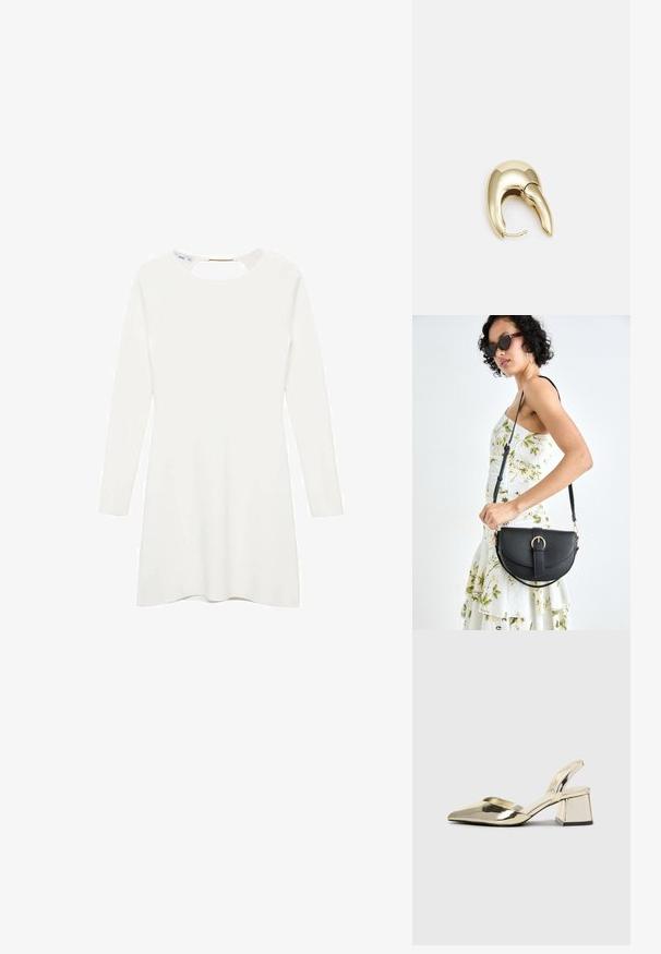 Bijela haljina dugih rukava s okruglim izrezom i detaljem u obliku ključa na leđima, izrađena od glatkog, teksturiranog materijala s razdvojenim donjim rubom.; Zlatni metalik slingback sandali s šiljatim vrhom i debelim potpeticama. Glatka tekstura, minimalistički dizajn i uski remen.; Crna kožna torba s lukovitim oblikom, odvojivim remenom i zlatnim detaljima. Torba ima preklop s kopčom.; Zlatne metalne naušnice s elegantnim, zakrivljenim dizajnom. Imaju karakterističan šiljast oblik, poliranu površinu i zatvaranje na šarku.