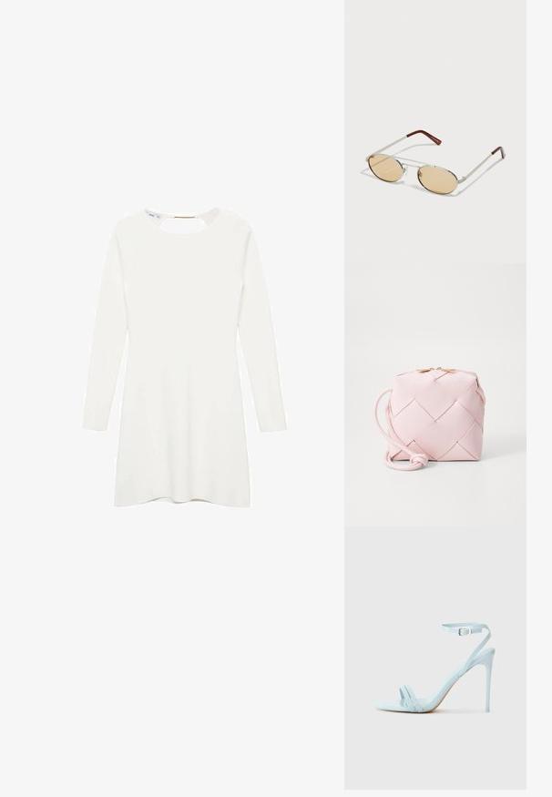 Biele dlhé rukávy šiat s okrúhlym výstrihom a detailom v tvare kľúčovej dierky na chrbte, s hladkou textúrovanou látkou a rozšíreným lemom.; Svetlomodré stiletto sandále s dvoma prednými popruhmi a členkovým popruhom, vyrobené z hladkého lakovaného materiálu, s úzkym podpätkom a minimalistickým dizajnom.; Kovové slnečné okuliare s oválnymi, svetlohnedými tónovanými sklami. Úzky strieborný rám so štruktúrovanými akcentmi a červenohnedými koncami na ramenách.; Tkaná ružová syntetická kabelka so štvorcovým tvarom, hladkým povrchom, nastaviteľným popruhom a zlatým kovovým uzáverom. Kompaktný dizajn.