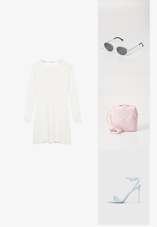 Bela obleka z dolgimi rokavi in okroglim izrezom ter detajlom v obliki ključavnice na hrbtni strani, izdelana iz gladkega, teksturiranega materiala in z razširjenim robom.; Svijetloplavi stiletto sandali s dva prednja remena i remenom oko gležnja, izrađeni od glatkog lakiranog materijala, s uskim potpeticama i minimalističkim dizajnom.; Sončna očala z ovalnimi sivo-lenskimi lečami, srebrnim kovinskim okvirjem in črnimi poudarki na tempeljih. Očala se ponašajo z elegantnim dizajnom in minimalnimi dodatki.; Tkanovana roza sintetična torba v kvadratni obliki, gladke teksture, s prilagodljivim trakom in zlatim zaklepom. Kompaktna zasnova.