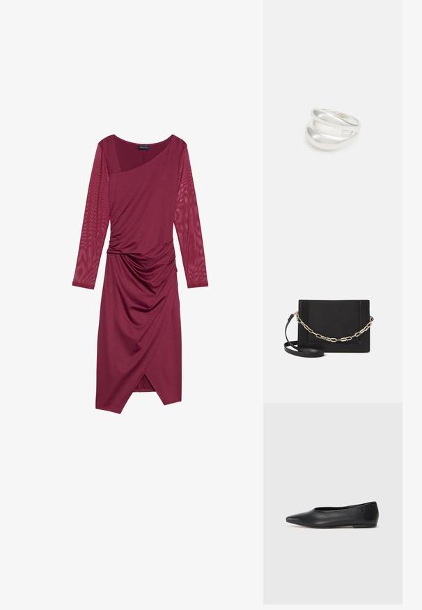 Burgundy dress with long sheer sleeves, asymmetrical neckline, draped body, and ruched detailing at the waist, featuring a knee-length hem.; Black leather ballet flat, pointed toe, minimalistic design, smooth texture, low-profile heel, no visible hardware or embellishments.; Black leather crossbody bag featuring a smooth texture, rectangular shape, and a metallic chain detail on the front. Adjustable strap included.; Silver double-band ring with a smooth, polished surface. Features a fluid, curved design with overlapping sections for a modern look.