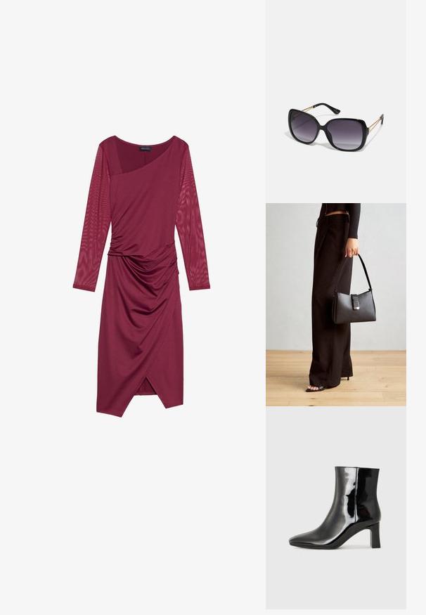 Bordeaux kjole med lange gjennomskinnelige ermer, asymmetrisk halslinje, drapert kropp og rynkede detaljer i midjen, med en kne-lengde fald.; Sorte patentlær ankle boot med spiss tå og en mellomhøy blokkhelt. Glatt tekstur og minimalistisk design.; Sorte oversized solbriller med gradient linser, tykke rammer og detaljering med gulltonekjede på tempelarmene.; Svart håndveske med strukturert form, jevn tekstur og metallisk lås. Kombinert med brede svarte bukser og sandaler med åpen tå på tregulv.
