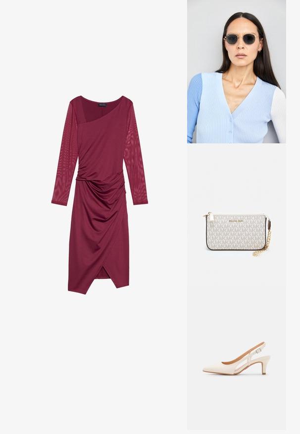 Bordo haljina s dugim prozirnim rukavima, asimetričnom izrezom, drapirano tijelo i nabrane detalje na struku, s dužinom do koljena.; Bijela slingback peta s oštrim vrhom, glatkim gornjim materijalom, niskom blok peta te dizajnom s bočnim izrezom i podešivom kopčom.; Ok Runde sunčane naočale s tamnim staklima i zlatnim okvirom. Model nosi svijetloplavi rebrasti kardigan s gumbima i kontrastnim bijelim rukavima.; Michael Kors novčanik na zapešću u bež premazanoj tkanini s ponavljajućim uzorkom MK loga, zlatnim hardverom i odvojivim lancem za nošenje.