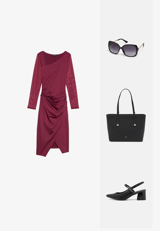 Bordeauxfarbenes Kleid mit langen transparenten Ärmeln, asymmetrischem Ausschnitt, drapiertem Oberteil und Raffung in der Taille, mit einem knielangen Saum.; Schwarze Lackleder-Slingback-Absätze mit spitzer Zehenform, einem runden Ausschnitt-Design und einem Blockabsatz. Mit einem goldfarbenen Schnallenakzent.; Schwarze übergroße Sonnenbrille mit getönten Gläsern, dicken Rahmen und goldfarbener Kettendetaillierung an den Bügeln.; Schwarze Tragetasche aus synthetischem Material, mit einfachem rechteckigem Design, goldenen quadratischen Akzenten und doppelten Griffen.