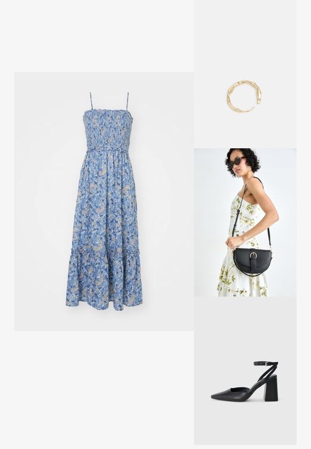 Plava maksi haljina s cvjetnim uzorkom, s gumenim dijelom oko struka, tankim naramenicama i višeslojnim rubom. Sadrži složene paisley i cvjetne uzorke na laganom materijalu.; Crne kožne cipele s špicastim vrhom, remenom oko gležnja i debelim potplatom. Ravna tekstura, elegantan dizajn i minimalistička estetika.; Crna kožna torba s lukovitim oblikom, odvojivim remenom i zlatnim detaljima. Torba ima preklop s kopčom.; Prsten u zlatnoj nijansi s organskim, uvijenim dizajnom, glatkom teksturom i suženim krajevima, koji stvara moderan, skulpturalni izgled.