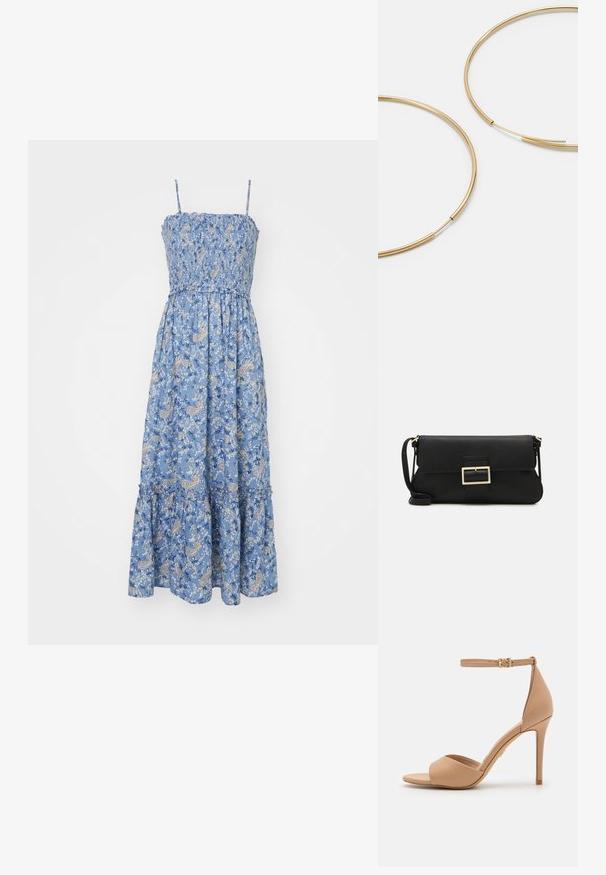 Blå blommig maxiklänning med smockad bodice, tunna band och en lager-på-lager nederdel. Har intrikata paisley- och blommönster på lätt tyg.; ALDO CRERIDE PILLOW WALK - Sandaler - beige; Svart läderkuvertväska med en klaff och detalj i guldmetallspänne. Innehåller en svart rem och en elegant, minimalistisk design.; Guldiga hoopsörhängen, tunna och runda i formen, med en slät metallisk finish utan utsmyckningar eller mönster.