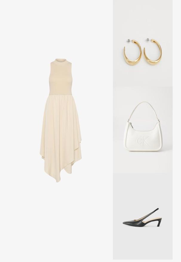 Ujjatlan, krémszínű ruha magas nyakkal, szűk bodiccel és térd alá érő, lágy anyagból készült, aszimmetrikusan redőzött szoknyával.; Fekete, hegyes orrú, slingback cipő alacsony sarkával, sima bőrből készült, oldalt kivágott deisgnal a légáteresztőképesség érdekében.; Fehér bőrtáska ívelt formájú, elöl feltűnő "CK" logóval, egyetlen vállpánttal. Cipzáras zárás a tetején.; Aranyszínű karika fülbevalók sima, ívelt dizájnnal. Fémből készültek, elegáns kivitelben, és tűzáras zárással rendelkeznek.