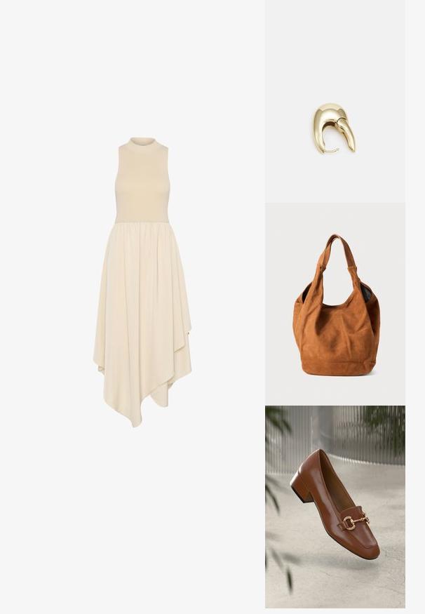 Námořnické midi šaty bez rukávů s vysokým límcem, přiléhavým korzetem a asymetrickou sukní ke kolenům vyrobenou z jemného materiálu.; Hnědé lakované kožené mokasíny se čtveratou špičkou, kovovým řetízkovým akcentem a nízkým blokovým podpatkem; hladká textura, minimalistický design.; Hnědá semišová kabelka přes rameno s jemnou texturou, zakřiveným tvarem a dvěma držadly. Má minimalistický design bez viditelného kování nebo akcentů.; Náušnice ve zlatém tónu z kovu s elegantním zakřiveným designem. Vyznačují se jedinečným špičatým tvarem, lesklým povrchem a závěsem na kloub.