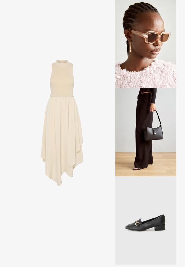 Bezrukávové krémové šaty s vysokým výstrihom, priliehavým telom a sukňou po kolená s asymetrickým volánom vyrobenou z jemného materiálu.; Čierne kožené mokasíny s plochým podpätkom, ktoré majú dekoratívny zlatý kovový detail vpredu a hladkú textúru.; Bežové oversized slnečné okuliare s priehľadným rámom a hnedými tónovanými sklami, s jemnými kvetinovými akcentami a odvážnym geometrickým dizajnom.; Čierna kabelka so štruktúrovaným tvarom, hladkou textúrou a kovovou sponou. V kombinácii so širokými čiernymi nohavicami a sandálmi s otvorenou špičkou na drevenej podlahe.