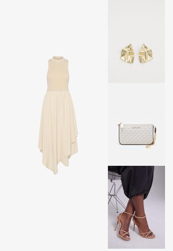 Robe sans manches crème avec un col haut, un corsage ajusté et une jupe asymétrique drapée à mi-mollet en tissu doux.; Sandales à talons beiges avec des embellissements en cristal, dotées d'un bout ouvert, de fines lanières et d'une silhouette épurée.; Porte-monnaie Michael Kors en toile enduite beige avec un motif répété de logo MK, des accessoires en or et une bandoulière en chaîne amovible.; Boucles d'oreilles en métal doré avec un design ondulé ; surface lisse et réfléchissante ; forme asymétrique ; sans motifs ni éléments visibles.