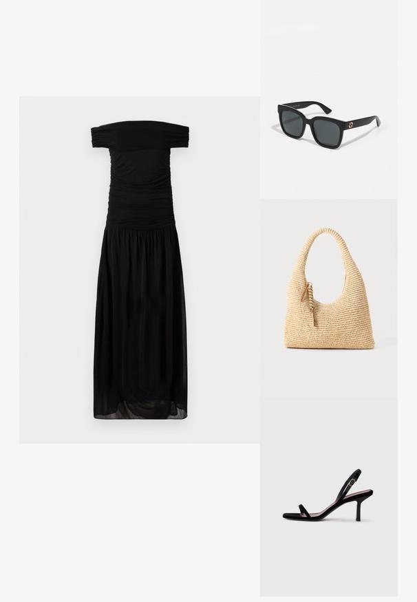 Černé šaty bez ramenou vyrobené z měkké látky, s řasenými detaily na živůtku a splývavou, nařasenou sukní pro pohodlný střih.; Černé semišové dámské sandály na vysokém podpatku s úzkými popruhy a zlatou sponou na bílém pozadí, boční pohled.; Černé sluneční brýle s obdélníkovými skly, s lesklým povrchem a zlatými logovými akcenty na nožkách. Temně šedá skla poskytují UV ochranu.; Tkaná béžová kabelka s zakřivenou rukojetí, texturovaným povrchem a hnědým střapcem. Má uvolněný, hobo tvar.
