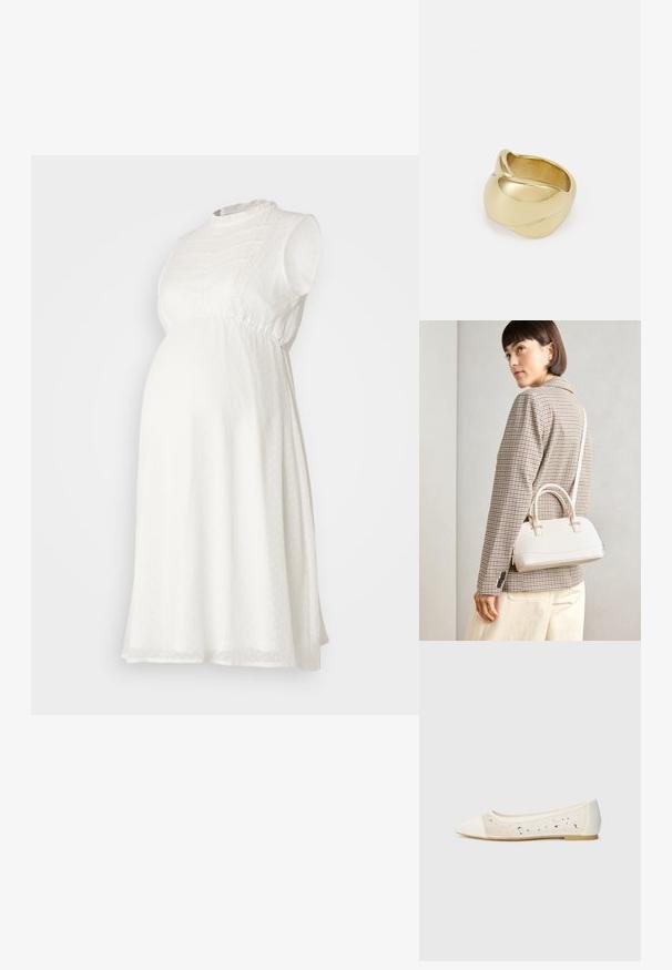 Valge raseduskleit lühikeste varrukatega, tekstuuriga kangast, kokkuvõetud taljega ja kõrge dekolteega, millel on ühtlaselt peened täpid.; Kohev varbaosa, kreemikad nahkplätud, mille läbipaistev ülaserv on kaunistatud laiali asetatud sädeleva kivid. Pehme talla disain mugavuseks, minimalistlik välimus.; Valge struktureeritud käekott lühikeste käepidemete ja õlavööga, millel on kuldse riistvara aktsendid ja tekstuuriga materjal, eksponeeritud halli taustal.; Kuldne sõrmus, millel on sujuv, keerdunud disain. Omab poleeritud pinda ja ümarat serva, luues sujuva ja voolava kuju.