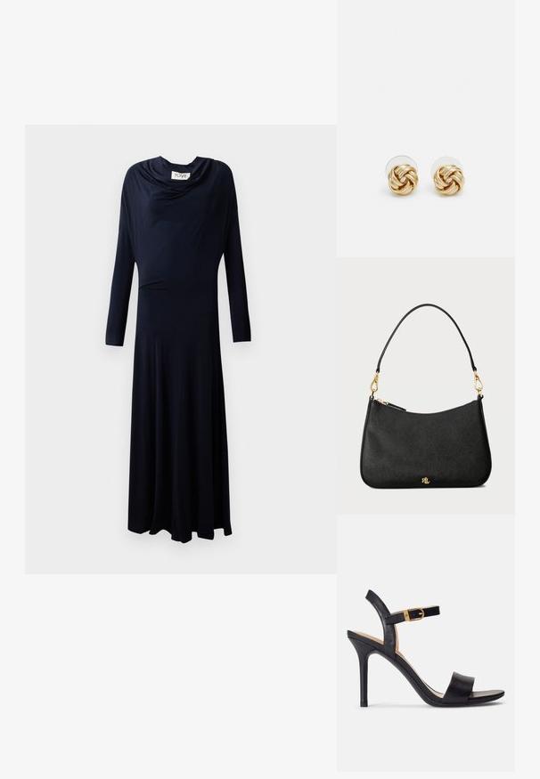 Rochie lungă, din navy, cu decolteu tip cowl, design fluid și material neted, având un corset prilant și fustă evazată.; Sandale înalte negre, cu toc, cu un superior din piele netedă, vârf deschis și un design cu un singur bretele, accentuat cu o cataramă aurie.; Geantă de mână din piele neagră cu un design structurat, având închidere cu fermoar, curea detașabilă și accente din metal auriu.; Cercei cu tija aurie, cu un design răsucit. Fiecare cercel are un fundal circular transparent pentru o purtare sigură.