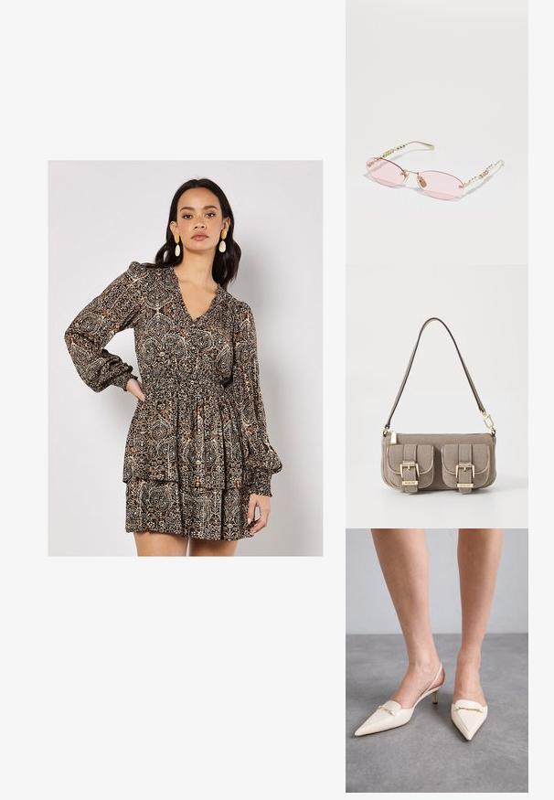 Langärmeliges Kleid mit V-Ausschnitt, gerafftem Taillenbund und geschichtetem Rock. Ausgestattet mit einem braun-beigen Paisleymuster und elastischen Bündchen.; Cremefarbene Slingback-High Heels mit spitzer Zehenpartie und schlankem mittelhohem Absatz, ausgestattet mit einem goldenen Kettenakzent auf dem Vorderblatt und aus glattem Leder.; Gucci Sonnenbrille - gold-coloured/pink; Beige strukturiertes Handtäschchen mit verstellbarem Tragegurt, zwei vorderen Taschen, die mit Schnallen gesichert sind, und goldenen Metallakzenten. Reißverschlussöffnung oben.