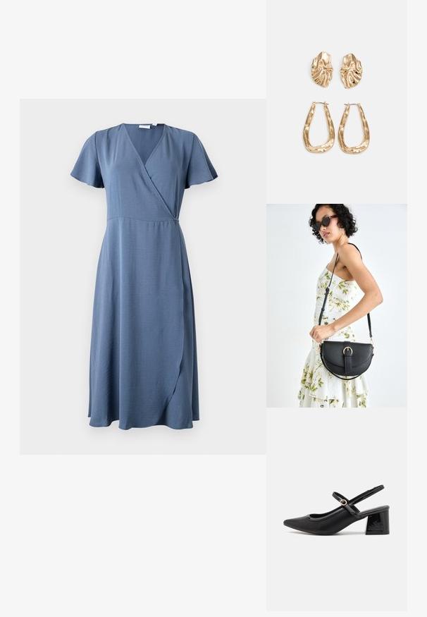 VILA VILOVIE WRAP DRESS - Kjole - vintage indigo; Sorte lakk lær slingback hæler med spiss tå, et avrundet utskjæringsdesign og blokkheel. Har en gulltone spenne som detalj.; Svart lærveske med en buet form, avtagbar stropp og gullbeslag. Vesken har et klaff med spenne-detall.; Gullfargede øredobber med teksturerte, bølgete former. Inkluderer skulpturelle klipsstuds og åpen hoop-design med en hamret finish.
