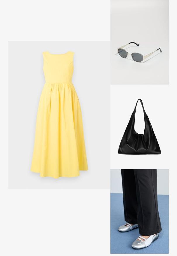 Žlté šaty bez rukávov s okrúhlym výstrihom, textúrovaná látka, priliehavá sukňa a plná, zberaná sukňa.; Strieborné a biele ploché topánky s krížovými remienkami a textúrovanými detailmi, doplnené voľnými čiernymi nohavicami. Umiestnené na modrej podlahe.; Slnečné okuliare s oválnymi šedými šošovkami, strieborným kovovým rámom a čiernymi akcentmi na stranách. Ponúkajú štýlový dizajn a minimálne hardvérové prvky.; Čierna kožená hobo taška s mäkkým, zakriveným tvarom. Má široké vrchné uško a nariasenie na spodnej časti, čo vytvára voľný vzhľad.