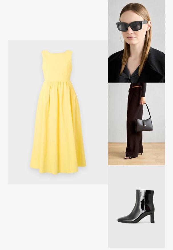 Żółta sukienka bez rękawów z okrągłym dekoltem, teksturowana tkanina, dopasowane body i pełna, marszczona spódnica.; Czarne lakierowane botki za kostkę z wysmukłym noskiem i średniej wysokości obcasem w kształcie słupka. Gładka tekstura i minimalistyczny design.; Czarne okulary w kocim kształcie z ciemnymi soczewkami, grubymi oprawkami i subtelnymi akcentami. Noszone z czarnym płaszczem i szarym topem, z długimi prostymi włosami.; Czarna torebka o usztywnionym kształcie, gładkiej fakturze i metalowym zapięciem. Połączona z szerokimi czarnymi spodniami i sandałami na otwartym palcu na drewnianej podłodze.
