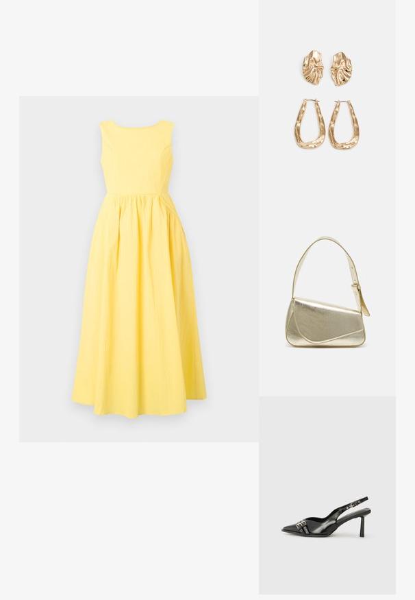 Geltona be rankovių suknelė su apvaliu iškirpimu, tekstūruotas audinys, prigludusi liemenė ir pilna, voliotų sijonų.; Juodas lakuotas odinis batelis su smailiu pirštu, kulkšnies dirželiais su sidabrinėmis sagtimis ir detalėmis, bei plonu kulnu.; Aukso metalinės rankinės su struktūrizuotu dizainu, lygaus paviršiaus ir reguliuojama dirželiu. Pasižymi unikaliu trikampiu pavidalu ir minimalizmu siuvinėjime.; Auksinės auskarai, turintys tekstūruotus, bangų formos elementus. Įeina skulptūriniai segami auskarai ir atviri lankai su išmuštu paviršiumi.