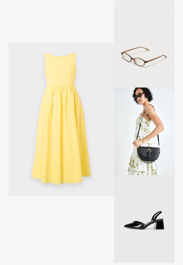 Rochie galbenă fără mâneci, cu decolteu rotund, dintr-un material texturat, cu corset ajustat și fusta plină, cu pliuri.; Pantofi cu toc slingback din piele lacuită neagră, cu vârf ascuțit și toc geometric. Prezintă un design elegant, minimalist și o textură netedă.; Ochelari în nuanță de țestoasă maro, cu lentile ovale, brațe subțiri și accente transparente. Prezintă un logo subtil pe tâmplă. Design elegant și ușor.; Geantă din piele neagră, cu o formă curbată, curea detașabilă și accesorii aurii. Geanta are un capac cu un detaliu tip cataramă.