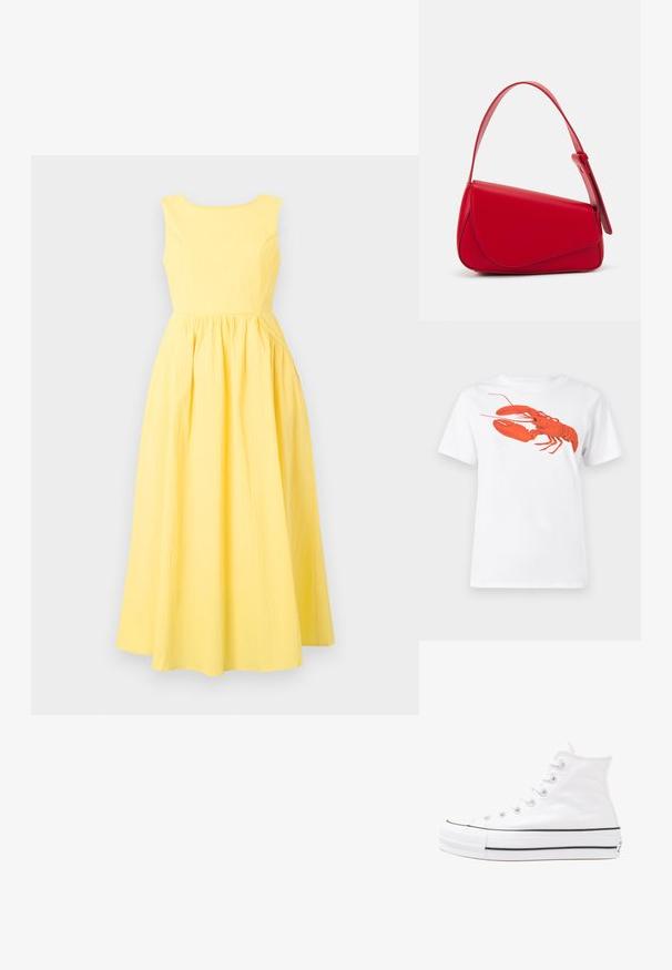 Gul kjole uten ermer med rund halslinning, teksturert stoff, tettsittende liv, og en full, rynket skjørt.; Hvit bomull t-skjorte med et stort, lyst rødt hummermotiv på fronten. Korte ermer og standard rund hals-design.; Hvit høy-skinn kanvas sneakers med svart gummisåle, gummitåhette foran og seks hull for snorer, med et rent, minimalistisk design.; Rød lærveske med en vinklet, geometrisk design. Har en enkelt justerbar stropp og en klaffelukking med sydd detaljer.