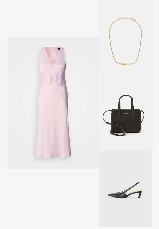 Rožinis v-kaklo suknelė su susirinkimu centre, be rankovių, pagaminta iš sklandžios medžiagos, siekiančios kelių ilgį.; Juodas smailus slingback batelis su žemu kulnu, pagamintas iš lygaus odos paviršiaus ir su išpjovomis šone, užtikrinančiomis oro pralaidumą.; Juoda rankinė su dviem trumpais rankenėlėmis ir nuimamu petį. Lygaus odos tipo medžiaga su užtrauktuku ir logotipo detale.; Auksu padengta apyrankė su lygiu, įgaubtu centriniu akcentu. Pasižymi lankstoma grandinėle su vėžlio užsegimu ir papildomais reguliuojamais grandinėlių ryšiais.