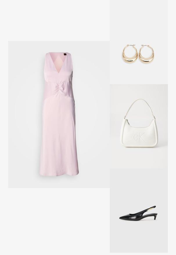 Pastellrosa V-halskjole med rynket midtparti, uten ermer og glatt stoff, som faller til knelengde.; Sorte lærreim hæler med spiss tå, som har en slank hæl og en gullfarget detalj på den justerbare stroppen. Glatt tekstur.; Hvit lærveske med en buet fasong, med et preget "CK"-logo på forsiden og en enkel skulderstropp. Glidelåslukking på toppen.; Gulltonede hoop-øreringen med en halvmåneform, polert overflate og hengsel-lukking. Glatt tekstur og reflekterende finish øker synligheten.