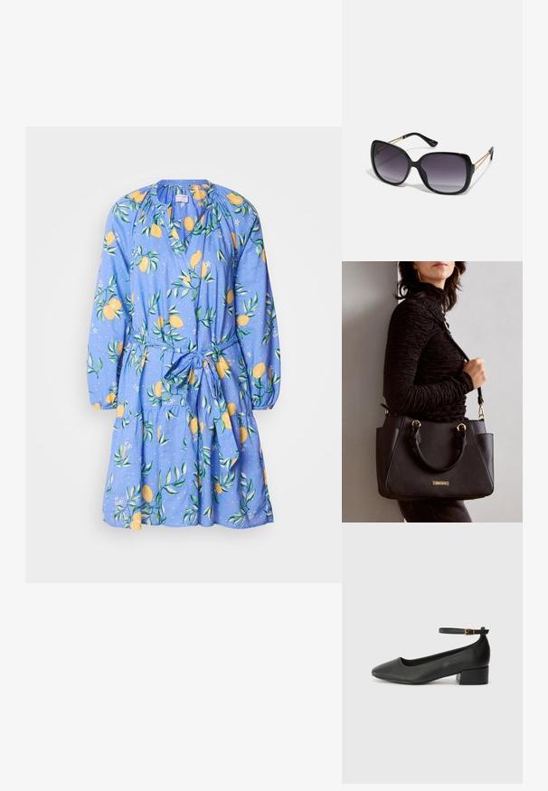 Blå kjole med sitron- og bladmønster, lange ermer, rynket hals og midjebånd. Laget av lett stoff med utsvingt skjørt.; Sorte skinnpumper med spiss tå og lav blokkhelt. Har ankelrem med gullfarget spenne. Glatt tekstur.; Sorte oversized solbriller med gradient linser, tykke rammer og detaljering med gulltonekjede på tempelarmene.; Svart håndveske med teksturert overflate, doble topphåndtak og justerbar skulderrem. Har detaljer i gulltone og sidelommer.