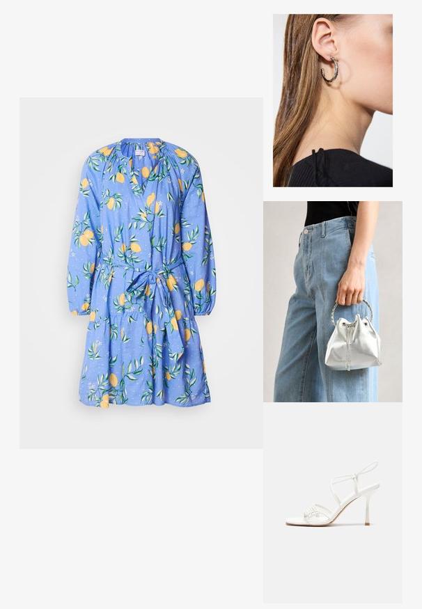 Modrá šaty s vzorom citrónov a listov, dlhé rukávy, naberaný výstrih a opasok v páse. Vyrobené z ľahkej látky s rozšírenou sukňou.; Biele sandále na vysokom podpätku so štíhlym remienkom okolo členku a plochou základňou na prsty, textúrovaný predok so zhluky akcentov.; Metalická strieborná kabelka s textúrovaným povrchom, zdobená striebornou okrúhlou rukoväťou a uzáverom na šnúrku, držiaca sa pred svetlo modrými džínsami.; Strieborná kruhová náušnica s lesklým povrchom, obsahujúca malé zlaté akcenty a okrúhly tvar, nosená na lalôčiku ucha.