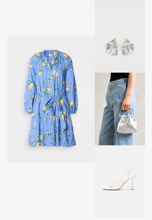 Mėlyna suknelė su citrinos ir lapų raštu, ilgomis rankovėmis, susiraukšlėtu kaklu ir liemens raiščiu. Pagaminta iš lengvos medžiagos su platėjančia sijona.; Baltas dirželis su aukštu kulnu sandalai su plokščiu pirštu, tekstūruota priekinė dalis su susiraukšlėjimais ir plonas kulkšnies dirželis.; Metalinis sidabrinis kibirėlis su tekstūruota apdaila, papuoštas sidabriniu apvaliu rankeniu ir raišteliu, laikomas prieš šviesiai mėlynus džinsus.; Sidabriniai metaliniai Auskarai su banginiu, skulptūriniu dizainu, pasižymintys poliruotu paviršiumi ir nereguliariomis formomis, išryškinančiomis šiuolaikišką estetiką.