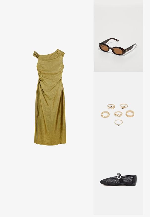 Gold, einseitig trägerloses Kleid mit drapiertem Design, knielanger Schnitt, texturiertem Stoff und einem kleinen gefältelten Akzent an der Schulter.; Schwarze Mesh-Mary-Jane-Ballerina mit abgerundeter Spitze, verstellbarem Riemen, silberner Schnalle und solidem Fersenbereich auf weißem Hintergrund.; Braune Schildpatt-Sonnenbrille mit ovalen Gläsern, ausgestattet mit einem dünnen Rahmen und einem kleinen metallischen Akzent an der Seite. Texturierte und polierte Oberfläche.; Set aus sechs goldenen Ringen mit verschiedenen Designs: geflochten, mit Blattmotiven und soliden Bändern; einige mit grünen Edelsteinen akzentuiert.