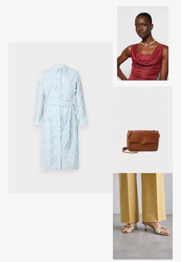 Světlemodré šaty košilového typu s květinovou výšivkou, zapínání na knoflíky vpředu, dlouhé průhledné rukávy a odpovídající opasek na pasu.; Stuart Weitzman FELICITY BOW SLIDE - Pantofle na podpatku - platino; Hnědá kožená crossbody taška s klopovým zavíráním, zlatými kovovými detaily a řetízkovým popruhem. Hladká textura, obdélníkový tvar, minimální zdobení.; Šaty s kapucí v temně červené barvě s hladkým povrchem. Obsahují perlový náhrdelník s dekorativním stříbrným akcentem uprostřed.