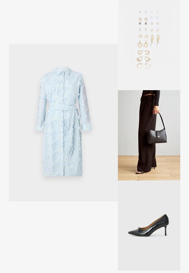 Heled sinine pluusikleit lillepärlitega, nööpidega ees, pikad läikivad varrukad ja sobiv sisetald vööl.; Must musta korkeakorkoiset kengät läpikuultavasta mustasta mokasta, joissa on teräväpäinen kärki, koristeellinen nauha edessä ja ohut stilettokorko.; Must musta kott, millel on struktureeritud kuju, sile tekstuur ja metallist klamber. Kombineeritud laiate mustade pükstega ja avatud varvaste sandaalidega puidust põrandal.; Kullastusust kõrvarõngaste komplekt, mis sisaldab erinevaid disaine, sealhulgas nööpe, rõngaid ja riputatavaid tükke, millel on pärlid ja rhinestones.