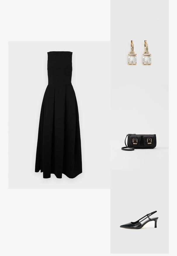 Mustapuku sleeveless-maksimekko, jossa on A-linjan siluetti, varustettuna istuvalla yläosalla, laskostetulla hameella ja sileällä kankaan pinnalla.; Musta patent slingback-kiilakorko teräväkärkisellä muotoilulla, jossa on teksturoitu käärmeennahkakuosi, säädettävä remmi ja lyhyt, teksturoitu blokkiheel.; Musta nahkainen olkalaukku, jossa on kaksi etutaskua, kultaiset soljet, vetoketjukiinnitys ja kapea hihna. Teksturoidun pinnan ja kompaktin suorakaiteen muoto.; Kulta-sävyiset korvakorut, joissa on suorakulmainen, kirkas kivi roikkumassa pienen, pyöreän kirkkaan korosteen rivin alapuolella. Tyylikäs, moderni muotoilu.