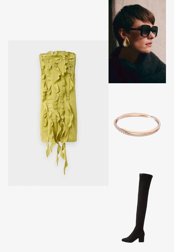 Šaty bez rukávů z jemné zelené látky s volánkovou strukturou a kaskádovým designem, s šňůrkami na spodním okraji pro další detaily.; Černé sukně nad koleno z veluru s blokovým podpatkem, s hladkým povrchem a obepnutým designem sahajícím nad koleno.; Černé oversized sluneční brýle s tmavými skly a zlatými detaily, doplněné velkým, lesklým zlatým náušnicí ve tvaru slzy. Tmavý texturovaný šál.; Náhrdelník z růžového zlata s dvěma proplétajícími se pásy, přičemž jeden je zdoben řadou diamantů, má elegantní povrch a hladké hrany.