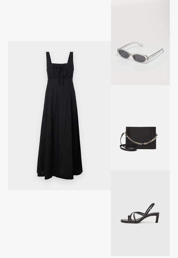 Fekete maxi ruha könnyű anyagból, négyzet alakú nyakkivágással, állítható megkötővel a mellen és lágyan omló szoknyával.; Fekete pántos szandál négyzetes orral és alacsony blokk sarkal. Több vékony pánttal és állítható boka pánttal rendelkezik. Sima bőrből készült.; Ovális formájú napszemüveg, átlátszó műanyag keret, sötétszürke lencsék és vékony, átlátszó szárak, logóakkcentussal és minimális díszítéssel.; Fekete bőr keresztpántos táska, sima textúrával, téglalap alakú és fém lánc részlettel az elején. Állítható pánttal ellátva.