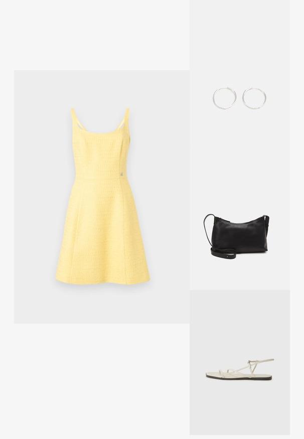 Keltainen hihaton mekko, joka on valmistettu teksturoidusta kankaasta. Siinä on vartalonmyötäinen yläosa, levenevä hame ja sivuaukkoja. Hopeiset yksityiskohdat.; Beige litte sandaalit, joissa on useita hoikkia hihnoja ja säädettävä solki. Pohja on litteä, ja reunassa on kevyt tumma kontrasti.; Musta nahkainen olkalaukku, jossa on sileä pinta, kaareva muoto, säädettävä hihna ja vetoketjukiinnitys. Minimalistinen muotoilu ilman koristeita.; Hopea rengas korvakorut, joissa on tyylikäs, pyöreä muotoilu, tasainen pinta ja ilman näkyviä koristeita. Halkaisija ei ole määritelty.