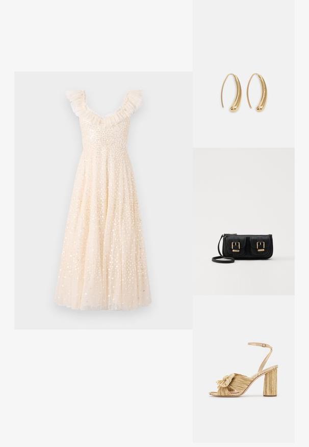 Cream-colored dress with ruffled shoulder straps, adorned with shimmering sequins, flowing skirt, and a fitted bodice.; Gold heeled sandals with a knotted front, pleated texture, and an ankle strap. The block heel has a ribbed design, enhancing grip.; Black leather crossbody bag with two front pockets, gold buckles, zipper closure, and a slim strap. Textured surface and compact rectangular shape.; Gold-tone metal hoop earrings with a curved, elongated shape. Features a smooth, shiny surface and a rounded tip for added detail.