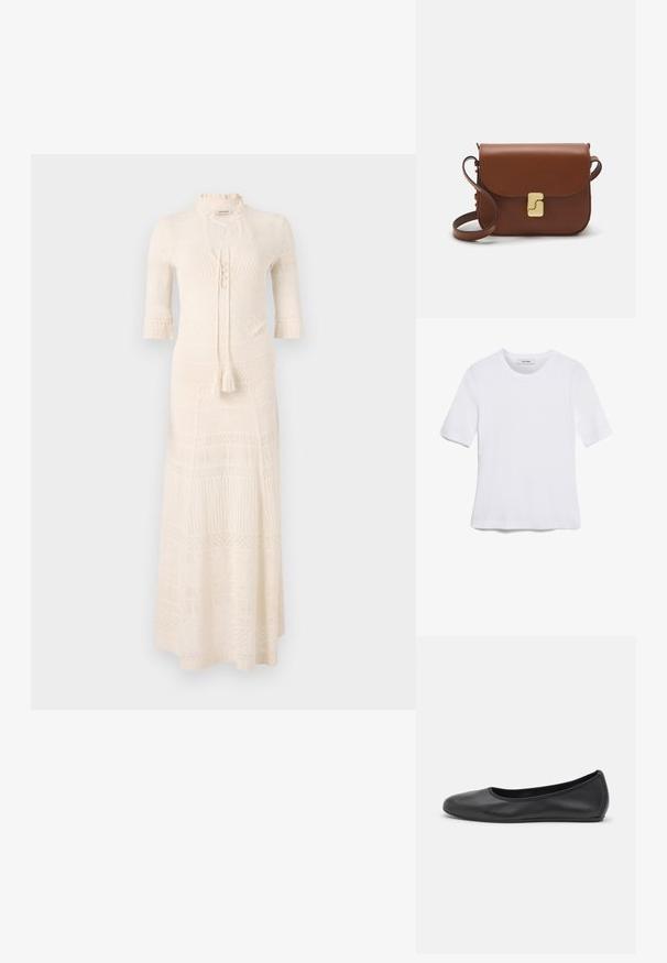 Knit maksi kleita krēmkrāsā ar augstu apkakli, pusgarām piedurknēm un teksturētu rakstu. Aprīkota ar saites aizdari un pušķu detaļu jostas daļā.; Balta īsām piedurknēm T-krekls, izgatavots no ribota auduma. Apaļš izgriezums, regulāra piegriezuma un diskrēti šuvumu detaļas. Bez printiem vai grafikām.; Melna ādas baleta kurpe ar noapaļotu purngalu, gludu tekstūru, minimālu šuvju detalizāciju un elastīgu zoles dizainu.; Bordo ādas rokas soma ar atloku, zeltītām detaļām, plecu siksnu un gludu virsmu. Kompakta, taisnstūrveida forma.