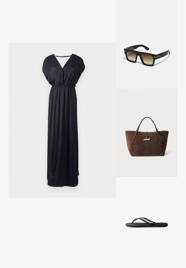 Schwarzes Maxikleid aus glattem Stoff, mit V-Ausschnitt, kurzen Fledermausärmel und einem elastischen Bund für eine lockere Passform.; Schwarze Flip-Flops mit einer strukturierten Gummisohle, zwei schlanken Riemen und einem dezenten, geprägten Logo-Detail auf dem Riemen.; Schildpatt-Sonnenbrille mit quadratischem Rahmen, braunen verlaufenden Gläsern und subtilen goldfarbenen Hardware-Details an den Bügeln.; Braune Wildleder-Tote mit zwei weichen Griffen, einem vertikalen Riemen mit silbernem Akzent und einem weiten, offenen oberen Bereich. Glatte Textur, minimalistisches Design.