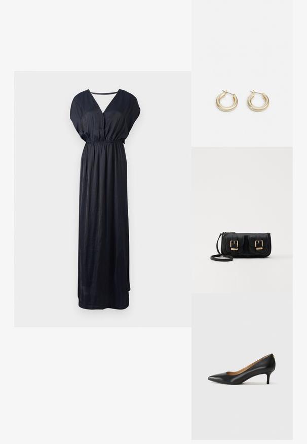 Zwarte maxi-jurk van gladde stof, met een V-hals, korte vlindermouwen en een elastische tailleband voor een relaxte pasvorm.; Zwarte leren pump met een puntige teen, lage hak en een gladde textuur. Heeft een lichte opening aan de voorkant en minimale hardware aan de achterkant.; Zwarte leren schoudertas met twee vo pockets, gouden gespen, ritsluiting en een smalle band. Tekstuur oppervlak en compacte rechthoekige vorm.; Lauren Ralph Lauren BASIC SMALL HOOP - Oorbellen - gold-coloured