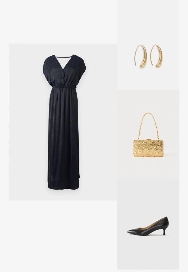 Zwarte maxi-jurk van gladde stof, met een V-hals, korte vlindermouwen en een elastische tailleband voor een relaxte pasvorm.; Zwarte leren pump met een puntige teen, lage hak en een gladde textuur. Heeft een lichte opening aan de voorkant en minimale hardware aan de achterkant.; Gouden pailletten clutch in rechthoekige vorm, met een gedraaide kettinghandvat en een metalen sluiting, die het licht reflecteert met een gestructureerde afwerking.; Gouden metalen oorbellen in de vorm van een gebogen, verlengde hoop. Kenmerkend zijn het gladde, glanzende oppervlak en de afgeronde punt voor extra detail.