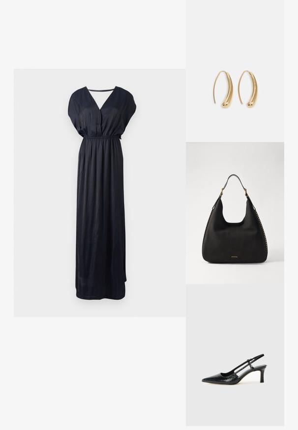 Fekete maxi ruházat sima anyagból, V-kivágással, rövid denevérujjakkal és rugalmas derékkal a laza illeszkedés érdekében.; Fekete lakk slingback sarok, hegyes orral, texturált kígyómintával, állítható pánttal és rövid, texturált tömbsarkal.; MICHAEL Michael Kors NOLITA HOBO  - Kézitáska - black; Aranyszínű fémből készült karika fülbevalók ívelt, hosszúkás formával. Simaságával és fényes felületével, valamint lekerekített végével további részletekkel bővül.